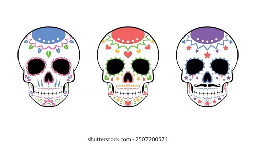 Set of 3 sugar skulls. Funny cartoon style. Vector illustration.