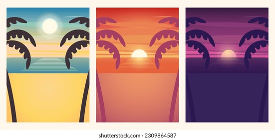 Set of 3 summer beach illustrations. Day, evening, night. Vector posters or backgrounds to put your own text