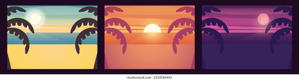 Set of 3 summer beach illustrations. Day, evening, night. Vector posters or backgrounds to put your own text