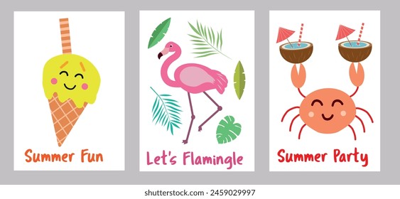 Set of 3 Summer Cards with funny ice cream, cute flamingo and kawaii crab. For Nursery posters, wall art,  banners and summer party invitations. 