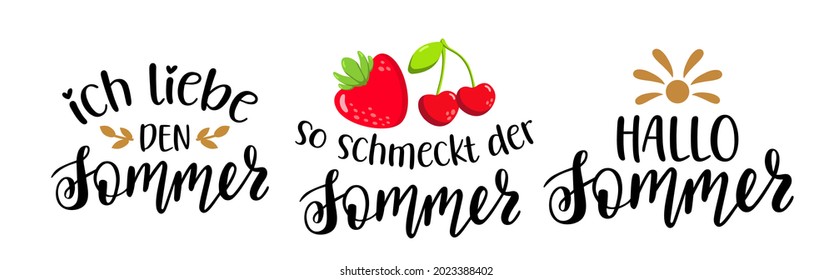 Set of 3 Summer quotes in german language hand lettering logo icon. Vector summer phrases elements for planner, calender, organizer, cards, banners, posters, mug, scrapbooking, pillow case