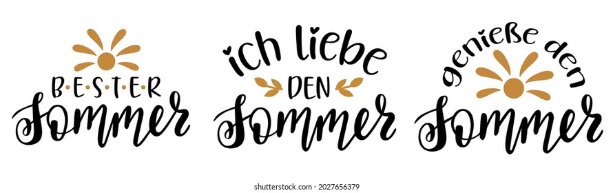 Set of 3 Summer quotes in german language hand lettering logo icon. Vector summer phrases elements for planner, calender, organizer, cards, banners, posters, mug, scrapbooking, pillow case