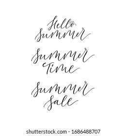 Conjunto de 3 señales de verano - adiós verano, verano, venta de verano. Inscripciones modernas de caligrafía para impresión, afiche, tarjeta. Elemento de diseño.
