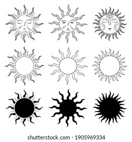 Set of 3 sun in retro style, line art and simple style. Stars. Astrology, astronomy. Magic sign. 