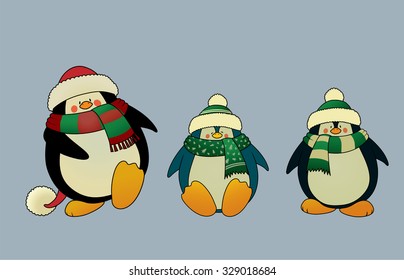 Set of 3 sweet and funny looking Christmas penguins.Isolated vector illustration