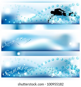 Set of 3 swimming banners with bubbles and water