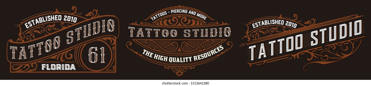 Set of 3 Tattoo logos with Vintage ornaments