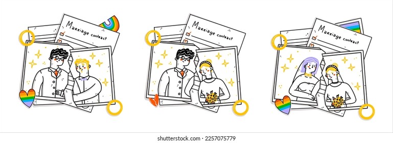 Set of 3 Tear apart wedding photos on white background. LGBT Break up, end of Marriage and divorce concept. Two young men, crisis of couple. A split in a relationship. Vector 