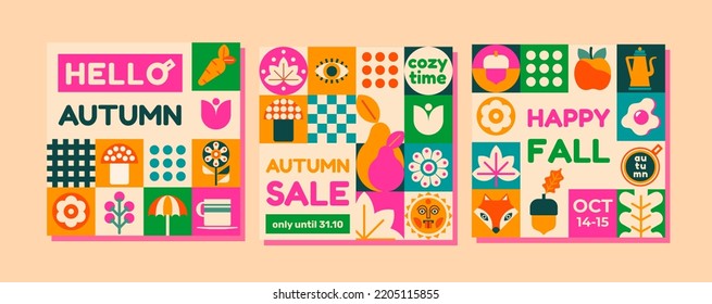 Set of 3 templates Hello Autumn! Bright, modern colors, minimalist style. Perfect for invitations, gift certificates, postcards as outdoor advertising and for social media and more