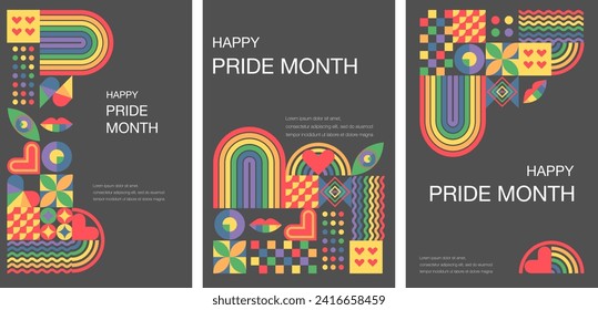 Set of 3 templates with rainbow colors of pride month.June. Geometric templates. LGBT Pride Month. Templates for background, banner, postcard, poster.