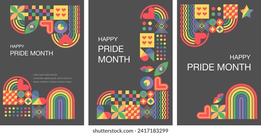 Set of 3 templates with rainbow colors of pride month.June. Geometric templates. Love, freedom, support, peace.Abstract geometric backgrounds. Vector illustration