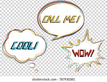 Set of 3 templates speech bubbles in pop art style. Call me! Cool! Wow! Comic dialog cloud. Transparent background. Vector illustration.