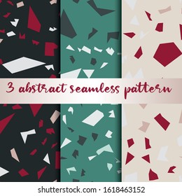 Set of 3 terrazzo inspired vector seamless patterns. Made in warm colours and earthy tones. Use for ceramic tiles, wallpaper, linoleum, textiles, wrapping paper, web page, kids, postcard background 