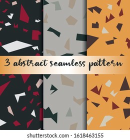 Set of 3 terrazzo inspired vector seamless patterns. Made in warm colours and earthy tones. Use for ceramic tiles, wallpaper, linoleum, textiles, wrapping paper, web page, kids, postcard background 