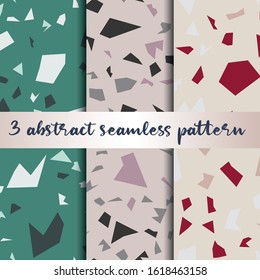 Set of 3 terrazzo inspired vector seamless patterns. Made in warm colours and earthy tones. Use for ceramic tiles, wallpaper, linoleum, textiles, wrapping paper, web page, kids, postcard background 