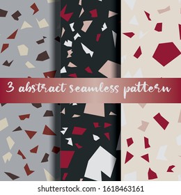 Set of 3 terrazzo inspired vector seamless patterns. Made in warm colours and earthy tones. Use for ceramic tiles, wallpaper, linoleum, textiles, wrapping paper, web page, kids, postcard background 