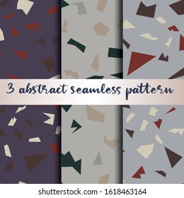 Set of 3 terrazzo inspired vector seamless patterns. Made in warm colours and earthy tones. Use for ceramic tiles, wallpaper, linoleum, textiles, wrapping paper, web page, kids, postcard background 