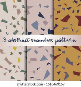 Set of 3 terrazzo inspired vector seamless patterns. Made in warm colours and earthy tones. Use for ceramic tiles, wallpaper, linoleum, textiles, wrapping paper, web page, kids, postcard background 