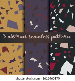 Set of 3 terrazzo inspired vector seamless patterns. Made in warm colours and earthy tones. Use for ceramic tiles, wallpaper, linoleum, textiles, wrapping paper, web page, kids, postcard background 