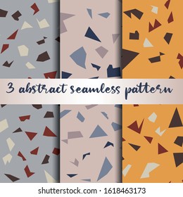 Set of 3 terrazzo inspired vector seamless patterns. Made in warm colours and earthy tones. Use for ceramic tiles, wallpaper, linoleum, textiles, wrapping paper, web page, kids, postcard background 