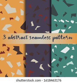 Set of 3 terrazzo inspired vector seamless patterns. Made in warm colours and earthy tones. Use for ceramic tiles, wallpaper, linoleum, textiles, wrapping paper, web page, kids, postcard background 
