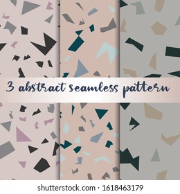 Set of 3 terrazzo inspired vector seamless patterns. Made in warm colours and earthy tones. Use for ceramic tiles, wallpaper, linoleum, textiles, wrapping paper, web page, kids, postcard background 