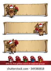 Set of 3 themes of a cartoon illustration of a Christmas elk holding a gift in frond of a scroll against white. Each pose on separate layer. All gift colors are in-place in separate groups.
