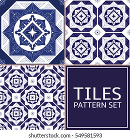 Set of 3 tile pattern vector seamless. Greek, arabic, Azulejo portuguese tiles, delft dutch or mexican talavera design. White and indigo blue tiled print for wrapping, background or ceramic.