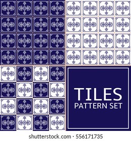 Set of 3 tile pattern vector seamless. Arabic, Azulejo portuguese tiles, delft dutch or mexican talavera design. White and indigo blue tiled print for wrapping, background or ceramic.