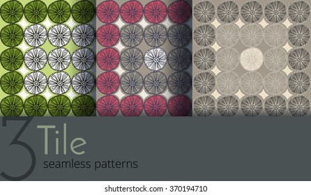 Set of 3 tile seamless patterns. Abstract flower elements placed in a rectangle.