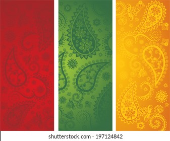 Set Of 3 Traditional Colorful Indian Banners With Paisley Pattern