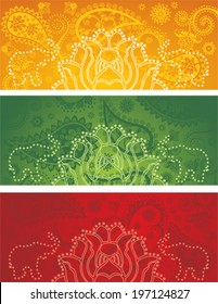 Set of 3 traditional lotus and elephant colorful Indian banners with paisley pattern