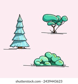 set of 3 trees on the ground on a pink background. vector illustration.