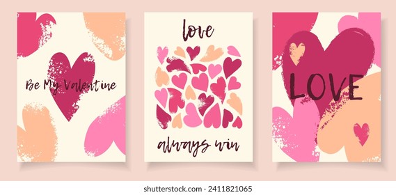 Set 3 trendy celebration cards and modern typography in flat vector style. Happy Valentines day concept. Hand drawn grunge textured hearts. Holiday seasonal decoration