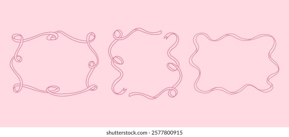 Set of 3 Trendy frame with bow and ribbons. Hand Drawn pink coquette borders for wedding invitation. Whimsical frames for birthday card, menu design and holiday graphic decoration.