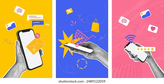 Set of 3 trendy halftone business concept collages. Concept of shopping, sales, wifi usage, online payment, phone usage. Trendy modern retro illustration in bright trendy colors. Business concept