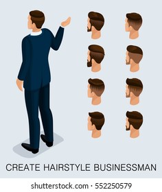 Set 3 Trendy isometric 3D businessman, a set of men's haircuts, styling, style, hipster, beard, mustache. Rear view isolated on a light background. Vector illustration