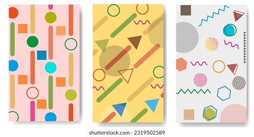 Set of 3 trendy memphis style covers with geometric patterns. Cool collection of bright covers with abstract geometric compositions. for Banners, Covers, Posters, Flyers. eps10.