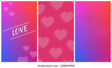 Set of 3 trendy Valentine's day banners/ posters/ brochures. Modern covers with multicolored gradient. Matching covers with gradient and hearts.