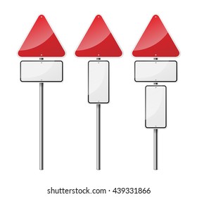 Set of 3 triangular blank road signs, isolated on white background. EPS10 vector illustration.