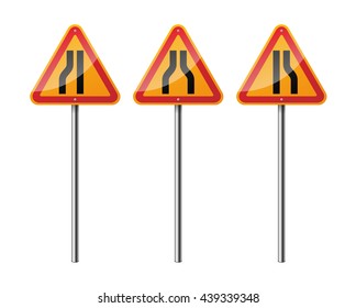 Set of 3 triangular road signs, isolated on white background. EPS10 vector illustration.