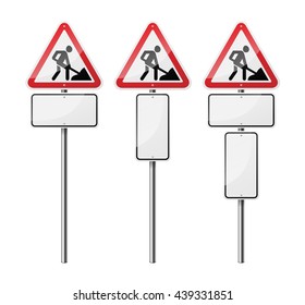 Set of 3 triangular signs, isolated on white background. Road works. EPS10 vector illustration.
