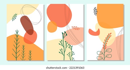 Montaje de 3 pinturas murales de flores tropicales. Colección de la bonita decoración estética de las paredes escandinavas. Un afiche de moda de colores vivos.
