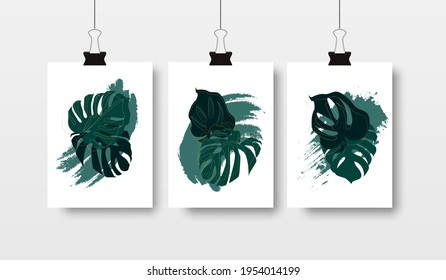 Conjunto de 3 hojas naturales tropicales con forma dorada. Diseño geométrico de elementos florales. Afiches de tendencia mínima orgánica que dejan afiches. Se puede usar en banners, volantes o web. Ilustración del vector EPS 10.