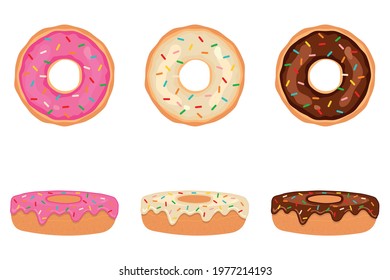 Set of 3 types of donuts, cream, pink and chocolate glaze. Donuts top and side view. Vector illustration.