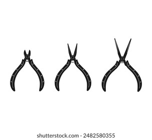 Set of 3 types of pliers diagonal cutters, long nose and long needle nose, isolated illustration