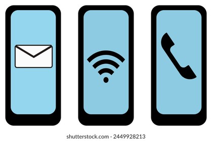 Set von 3 Arten von Smartphones mit Markierungen auf dem Bildschirm: E-Mail, Wi-Fi, Telefon