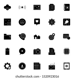 Set 3 of UI and UX icon in solid style. Creative glyph interface symbols for website design and mobile apps. Simple user interface solid icon sign isolated on white background. 25 icons.