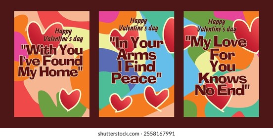 Set of 3 Unique Valentine Cards with Bold Red Heart Accents. A set of Valentine’s Day greeting card with sample text, red hearts and abstract backgrounds templates vector illustration. 