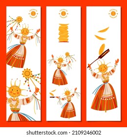 Set of 3 universal banners with Maslenitsa Scarecrow. Butter Week (Eastern Slavic religious and folk holiday seeing off winter last week before Great Lent).Vector illustration

